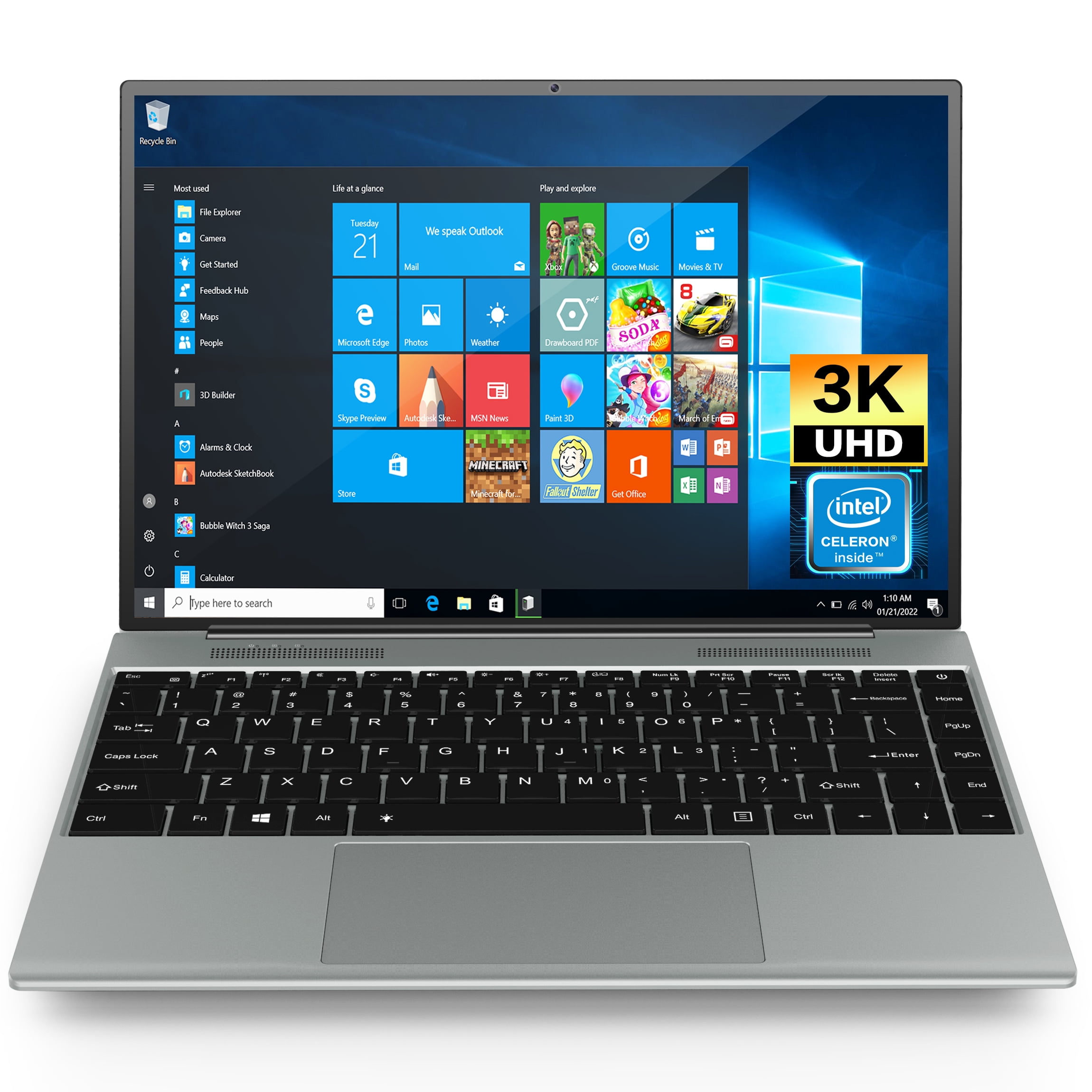 Ordinateur Portable Windows 11, Laptop 13,3 pouces Intel® E3950 2.0 GHz  Intel HD Graphics 500, Notebook 6 Go RAM+128 Go SSD, PC portable fin et  léger, WPS Office,USB 3.0, Bluetooth, mHDMI, gris : : Informatique
