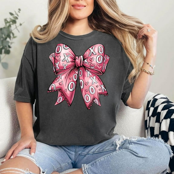 XOXO Coquette Bow Shirt, Coquette Valentine Heart Bow Shirt, Valentines Day Bow Shirts, Pink Coquette Bow Valentine's Day Shirt