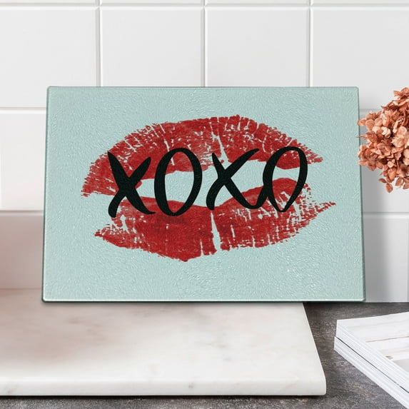 XOXO Cutting Board, Realistic Colored Lips Pattern with Modern Ink Calligraphy Image, Decorative Tempered Glass Cutting and Serving Board, in 3 Sizes, by Ambesonne