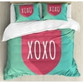 thumbnail image 1 of XOXO Duvet Cover Set King Size, Shield Guard Emblem with Kisses Abbreviation Protection by Love, Decorative 3 Piece Bedding Set with 2 Pillow Shams, Pale Seafoam Pale Ruby and White, by Ambesonne, 1 of 3