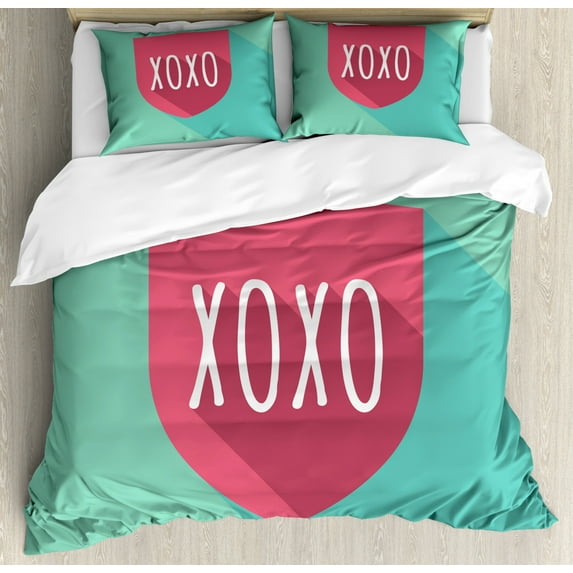 XOXO Duvet Cover Set King Size, Shield Guard Emblem with Kisses Abbreviation Protection by Love, Decorative 3 Piece Bedding Set with 2 Pillow Shams, Pale Seafoam Pale Ruby and White, by Ambesonne