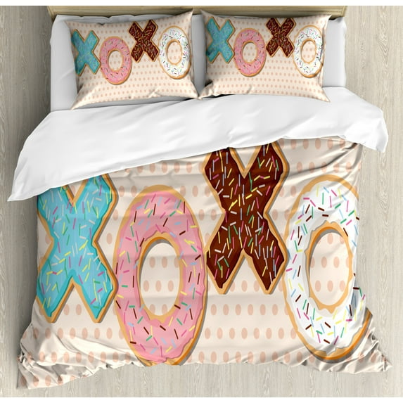 XOXO Duvet Cover Set Queen Size, Sweet Illustration of Delicious Donuts as Kisses Word Shape Polka Dotted Backdrop, Decorative 3 Piece Bedding Set with 2 Pillow Shams, Multicolor, by Ambesonne