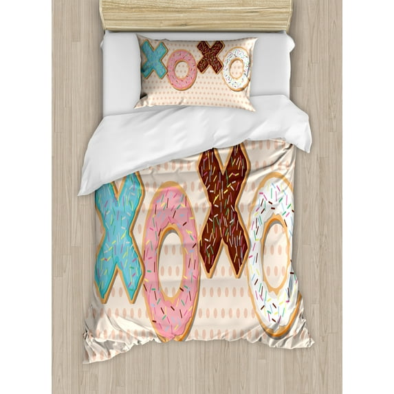 XOXO Duvet Cover Set Twin Size, Sweet Illustration of Delicious Donuts as Kisses Word Shape Polka Dotted Backdrop, Decorative 2 Piece Bedding Set with 1 Pillow Sham, Multicolor, by Ambesonne
