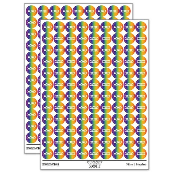 XOXO Hugs Kisses Love Fun Text 200+ Round Stickers - Rainbow - Gloss Finish - 0.50" Size