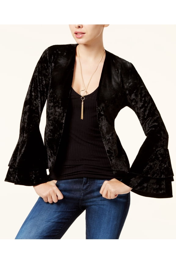 Juniors Crushed Velvet Tiered Ruffled Blazer Black M