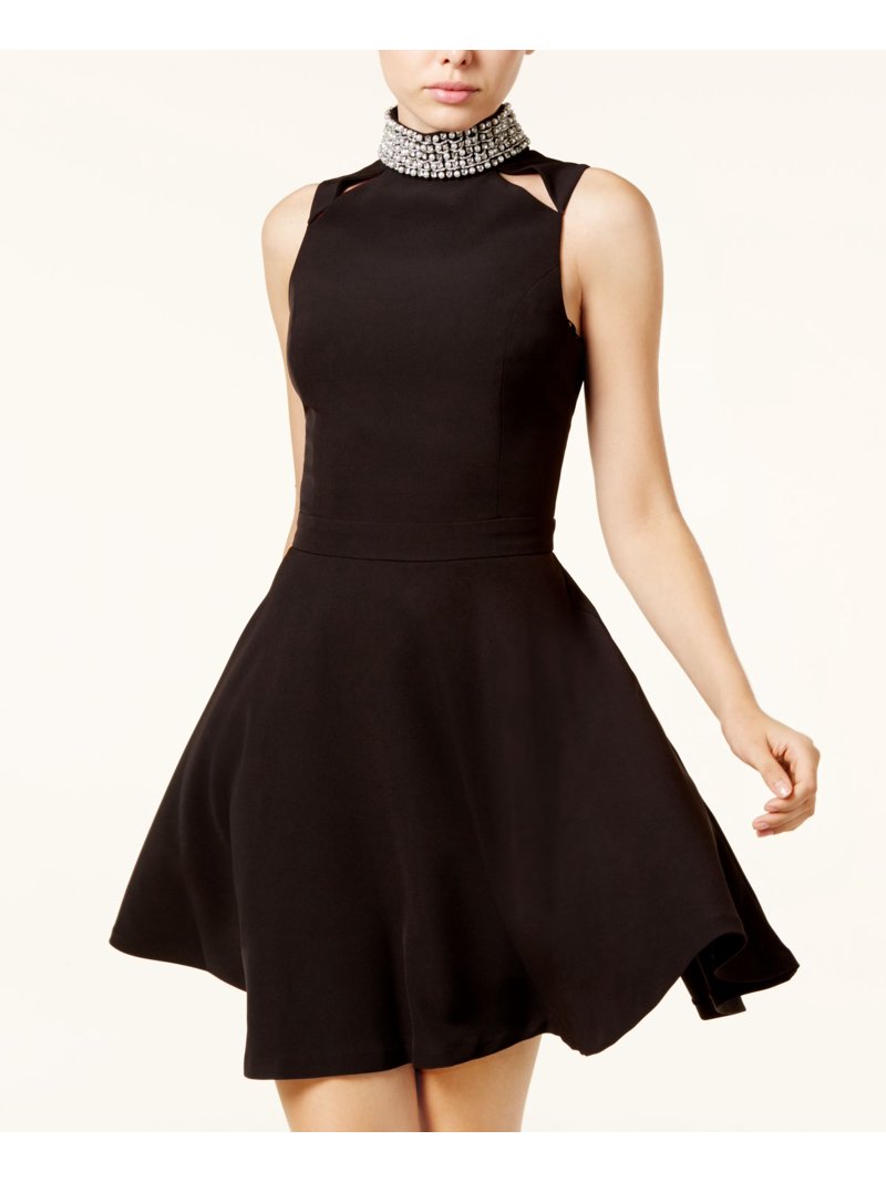 xoxo black dress Juniors' Embellished Mock Neck Skater core-wedding sherri hill homecoming dresses Color:Chocolate Brown Hit the party circuit