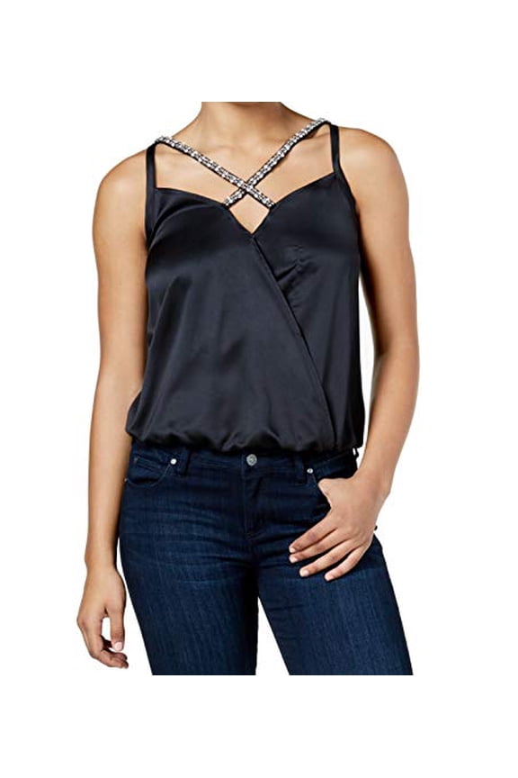 Juniors' Embellished Strappy Surplice Top (Black, XS)