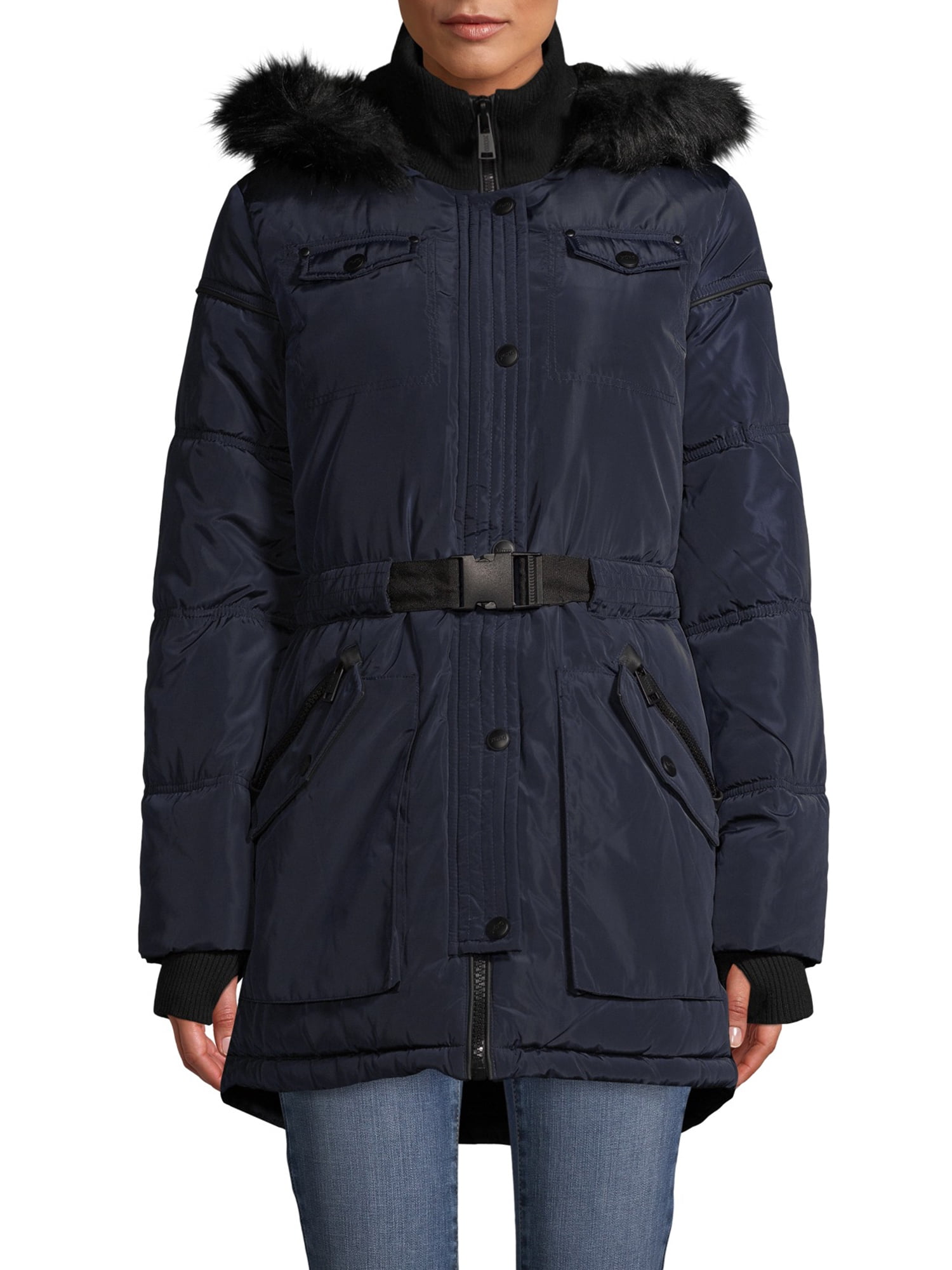 XOXO Juniors' Heavyweight Belted Parka With Faux Fur Hood - Walmart.com