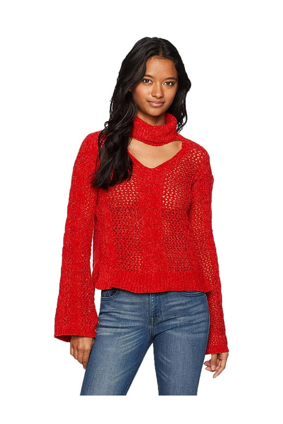 Juniors' Metallic Bell-Sleeve Choker Sweater (Red, Large)