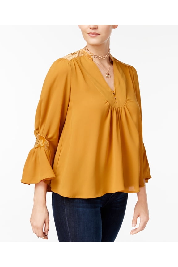 Juniors Velvet Trim Peasant Blouse Gold 2XL