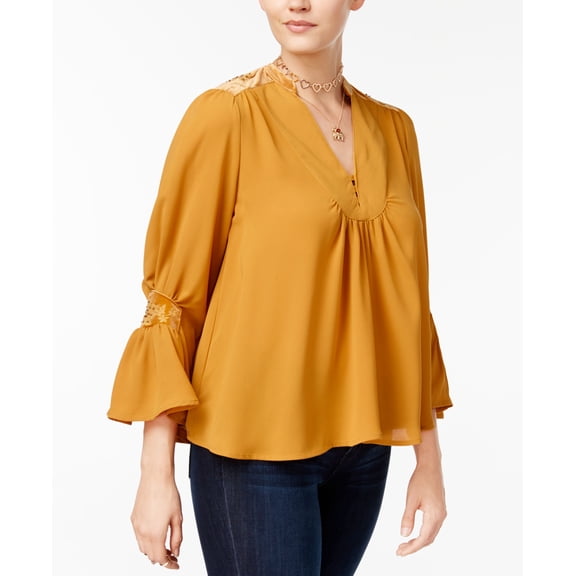 XOXO Juniors Velvet Trim Peasant Blouse Gold 2XL