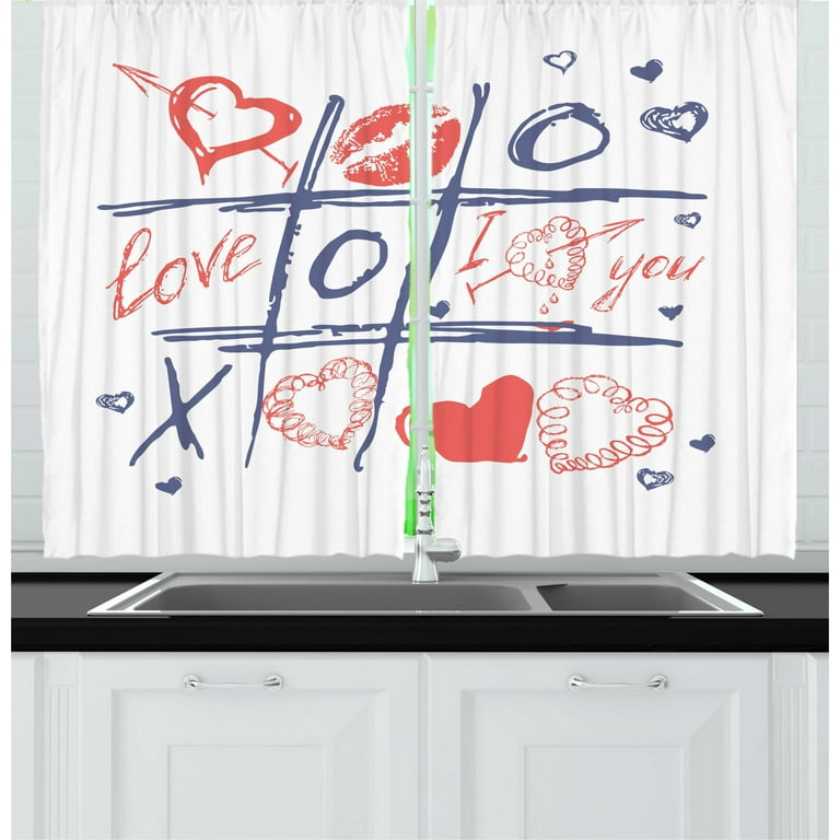XOXO Kitchen Curtains, Love Essential Tic Tac Toe Game Hearts Lips and I  Love You Words, Two Panels Drapes with Rod Pocket Room Decor, 55 X 45