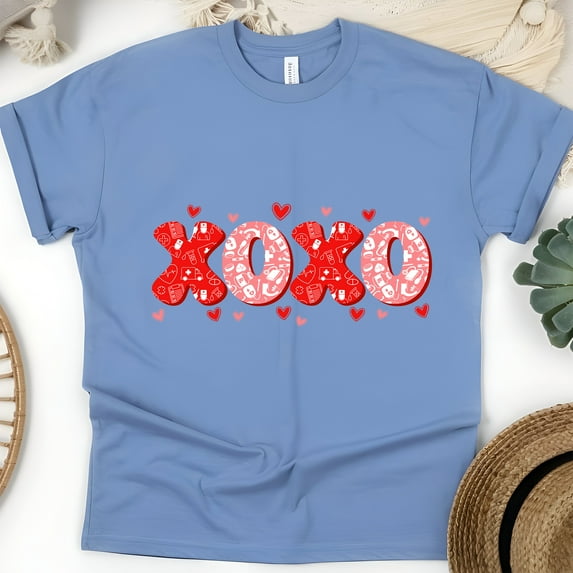 XOXO Nurse Graphic T-Shirt | Valentine Medical Love Shirt for Women Men, CarolinaBlue, Size 3XL