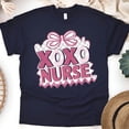 thumbnail image 1 of XOXO Nurse T-Shirt for Women, Pink Bow and Checkered Graphic Tee, Navy, Size S, 1 of 6