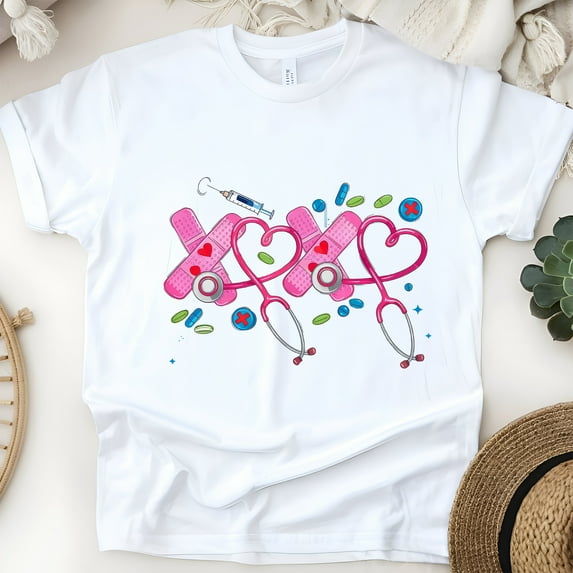 XOXO Nurse T-Shirt for Women, Pink Stethoscope and Bandage Graphic Tee, White, Size 2XL