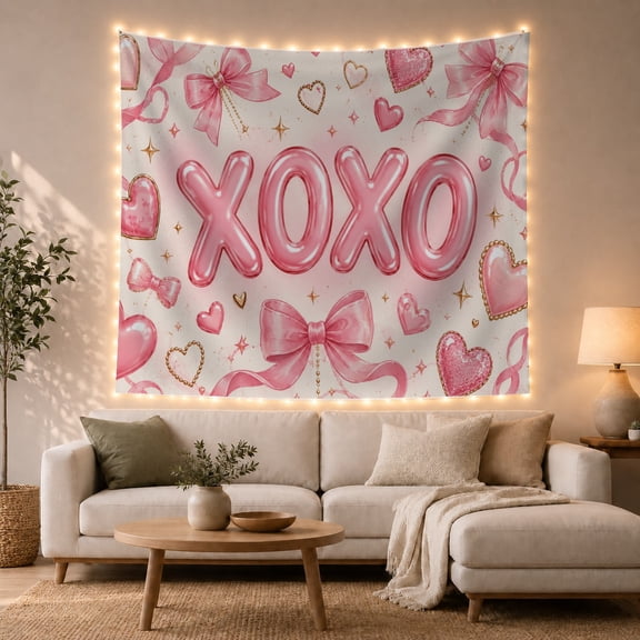 XOXO Pink Balloon Letters on Off-White Background, Whimsical Digital Art for Couples, Heart and Bow Artwork, Valentine's Day Gift, Tapestry Wall Hanging for Bedroom and Living Room