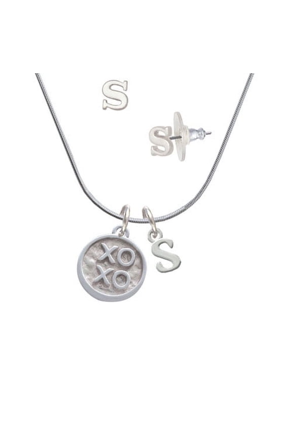 XOXO - Round Seal - S Initial Charm Necklace and Stud Earrings Jewelry Set