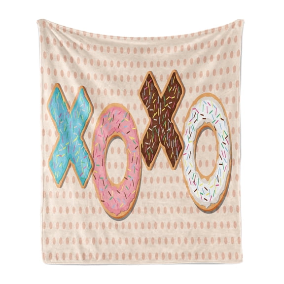 XOXO Soft Flannel Fleece Throw Blanket, Illustration of Delicious Donuts as Kisses Word Shape Polka Dotted Backdrop, Cozy Plush for Indoor and Outdoor Use, 60" x 80", Multicolor, by Ambesonne