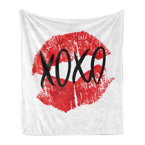 XOXO Soft Flannel Fleece Throw Blanket, Realistic Colored Lips Pattern with Modern Ink Calligraphy Image, Cozy Plush for Indoor and Outdoor Use, 50" x 70", Vermilion Charcoal Grey, by Ambesonne