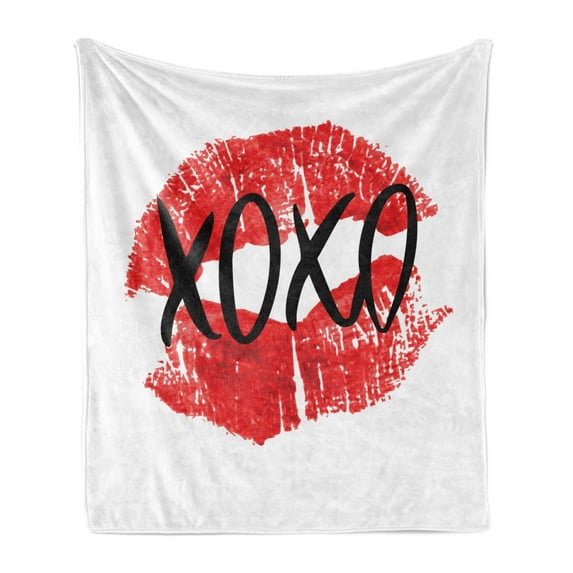 XOXO Soft Flannel Fleece Throw Blanket, Realistic Colored Lips Pattern with Modern Ink Calligraphy Image, Cozy Plush for Indoor and Outdoor Use, 60" x 80", Vermilion Charcoal Grey, by Ambesonne