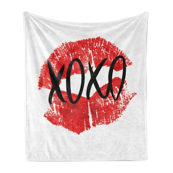 XOXO Soft Flannel Fleece Throw Blanket, Realistic Colored Lips Pattern with Modern Ink Calligraphy Image, Cozy Plush for Indoor and Outdoor Use, 60" x 80", Vermilion Charcoal Grey, by Ambesonne