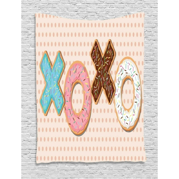 XOXO Tapestry, Sweet Illustration of Delicious Donuts as Kisses Word Shape Polka Dotted Backdrop, Wall Hanging for Bedroom Living Room Dorm Decor, 40W X 60L Inches, Multicolor, by Ambesonne