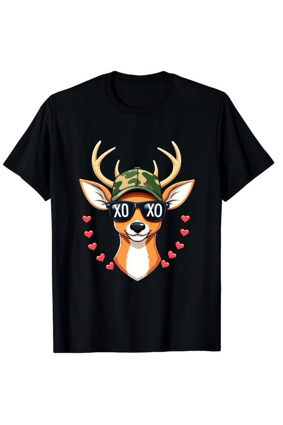 XOXO Valentine Buck Camo Deer Retro Hunting Cap Graphic Crew Neck Short Sleeve T-Shirts (Men's, Women's)
