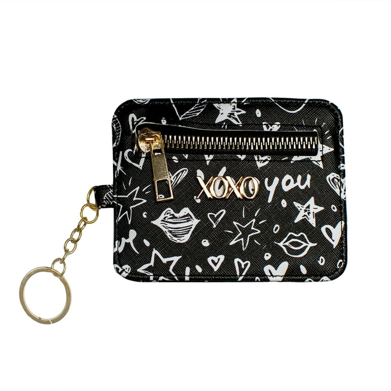 XOXO Women s Mini Black Graffeti Print Saffiano Leather Key Card ID Coin Case Wallet Walmart