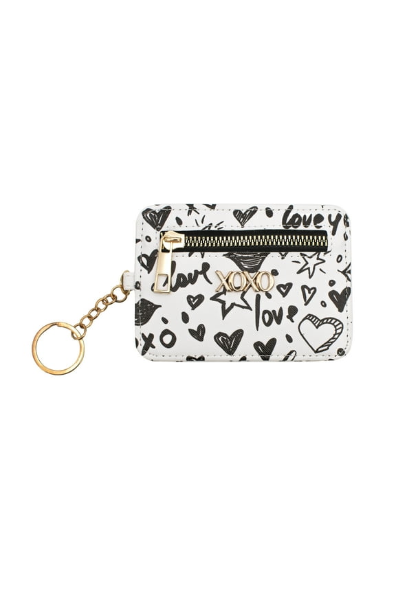 Women’s Mini White Graffeti Print Saffiano Leather Key Card ID Coin Case Wallet