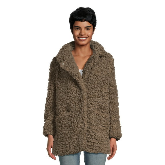 XOXO Women’s Oversized Faux Shearling Coat with Pockets