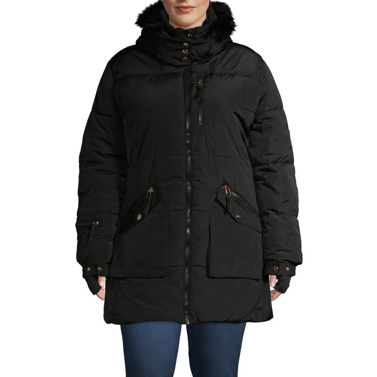 XOXO Women s Plus Size Heavyweight Jacket with Faux Fur Hood
