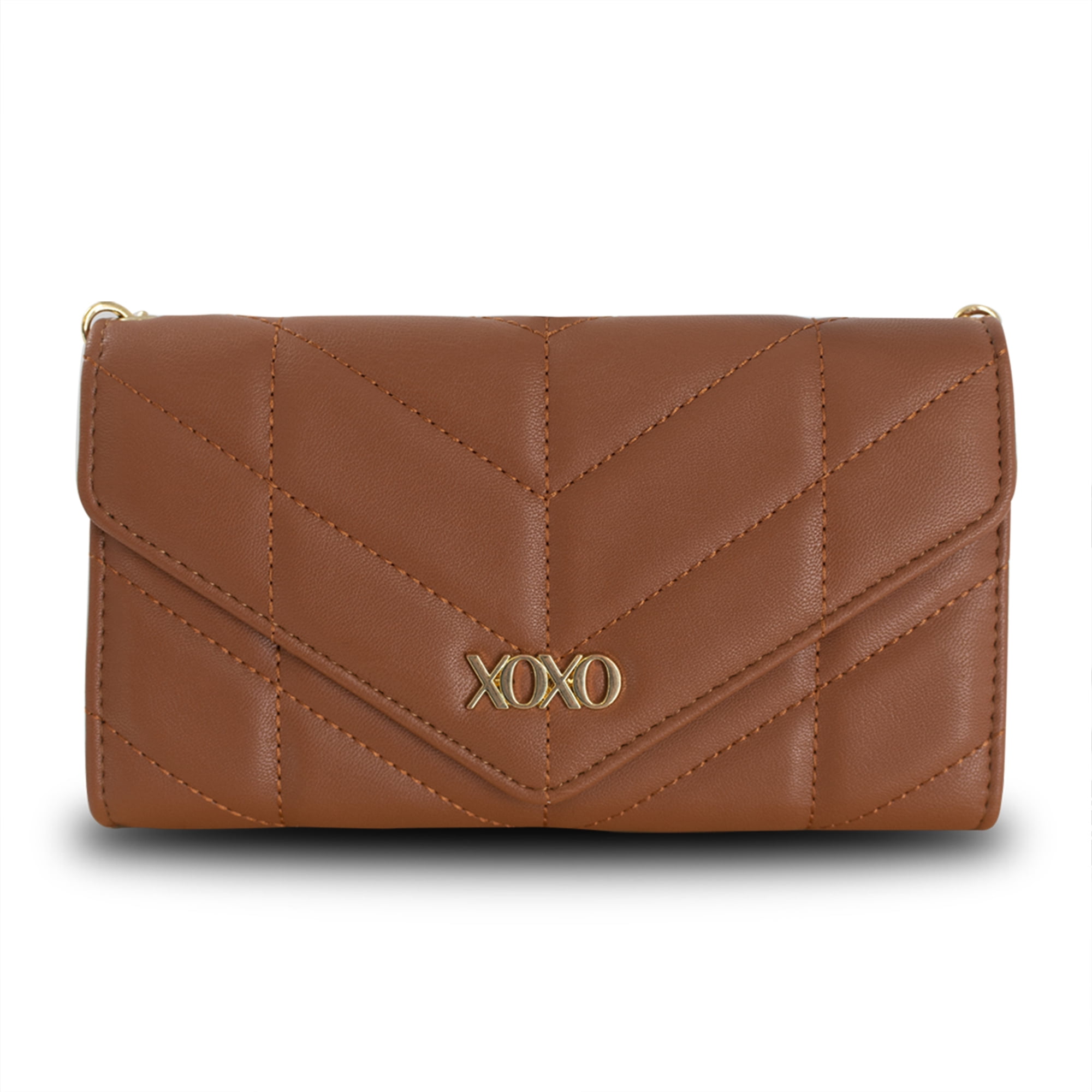 XOXO Women’s Small Cognac Vegan Leather Quilted Fold Wallet withCrossbody Strap