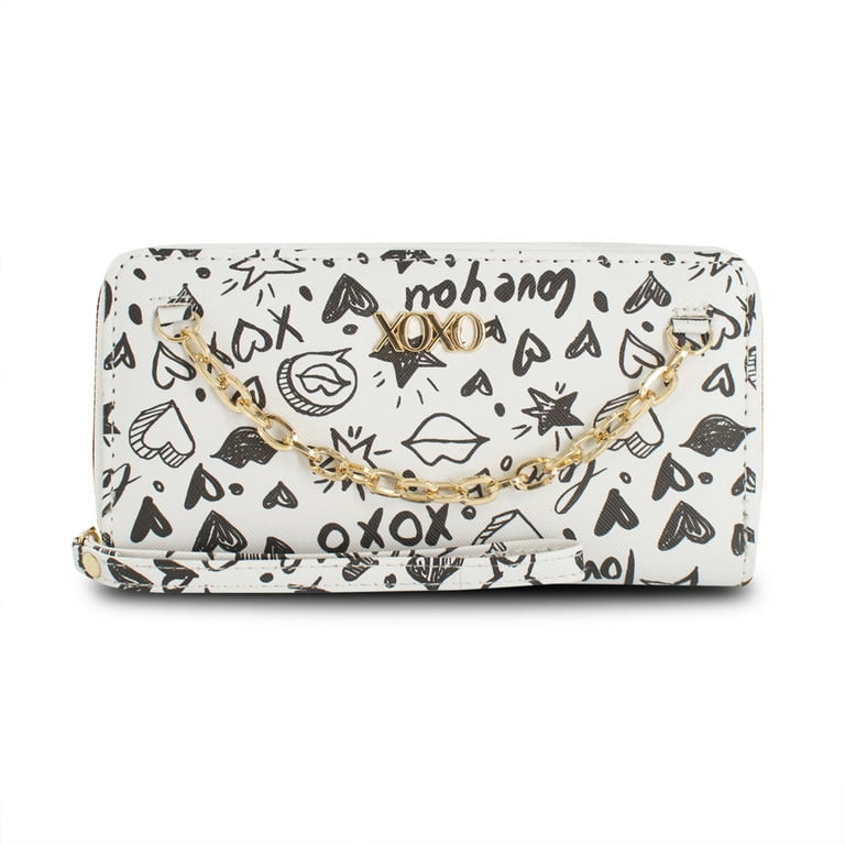 XOXO Women's Mini White Graffeti Saffiano Leather Zip Indexer Wallet  withCrossbody Strap 