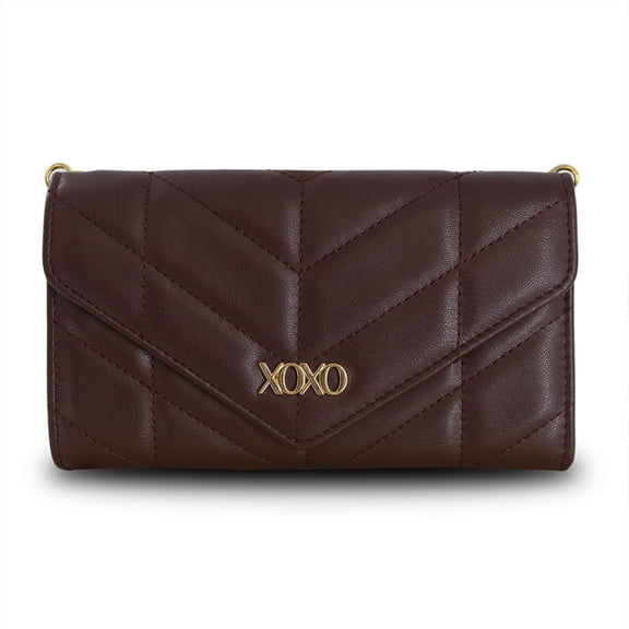 XOXO Women’s Small Wine Vegan Leather Quilted Fold Wallet withCrossbody Strap