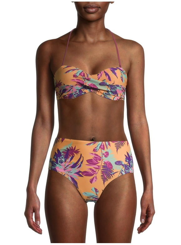 XOXO Women's Tropical Print Molded Cup Bandeau Top Swimsuit