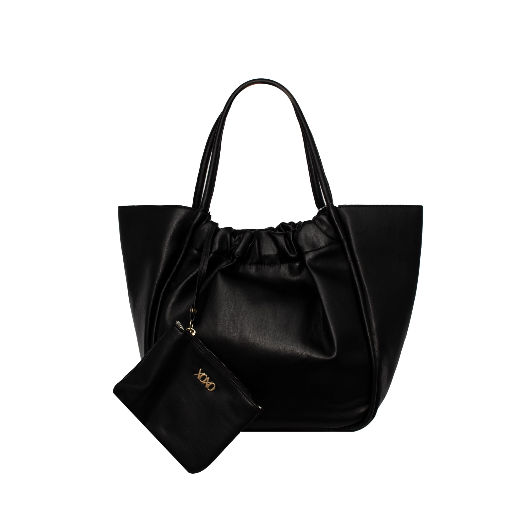 XOXO Women's Vegan Leather Black Dual Top Handle Everyday Tote Bag and  Wristlet 