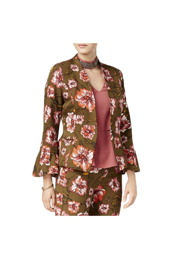 Womens Floral Print Ruffle Sleeves One-Button Blazer
