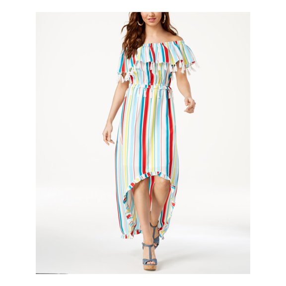 XOXO Womens Ivory Tassel Ruffle Striped Off Shoulder Hi-Lo Dress Juniors Size: M