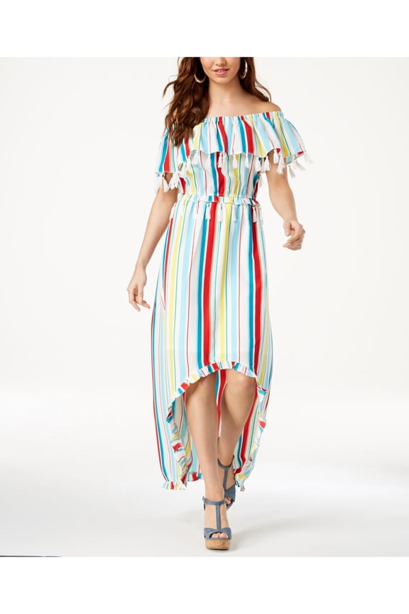 Womens Ivory Tassel Ruffle Striped Off Shoulder Hi-Lo Dress Juniors Size: M