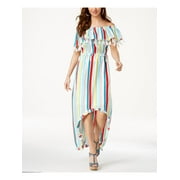 XOXO Womens Ivory Tassel Ruffle Striped Off Shoulder Hi-Lo Dress Juniors Size M
