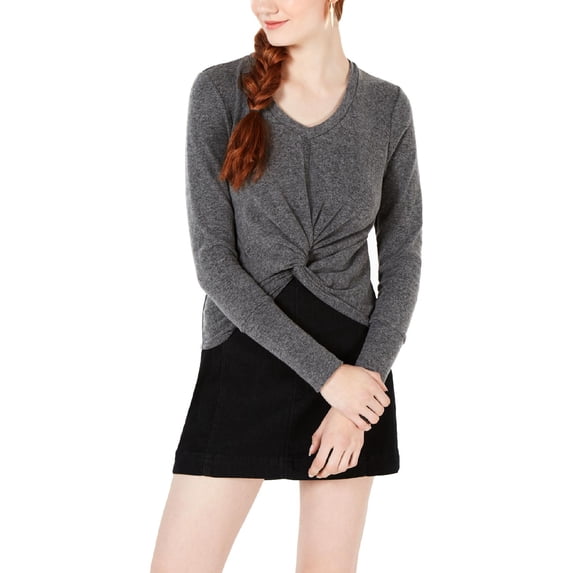 XOXO Womens Juniors Twist Front Long Sleeves Crop Sweater Gray S