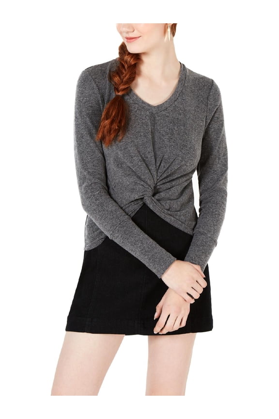 Womens Juniors Twist Front Long Sleeves Crop Sweater Gray S