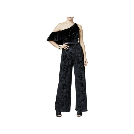 XOXO Womens Juniors Velvet Ruffled Jumpsuit Black XS