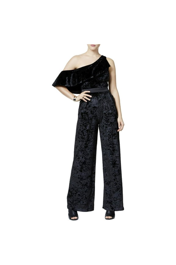 Womens Juniors Velvet Ruffled Jumpsuit