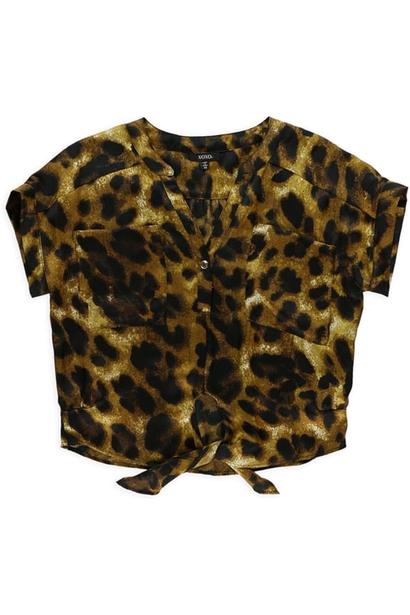 Womens Slouch Leopard Button Down Blouse, Brown, X-Small