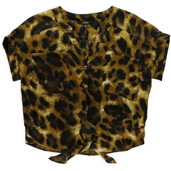 XOXO Womens Slouch Leopard Button Down Blouse, Brown, X-Small