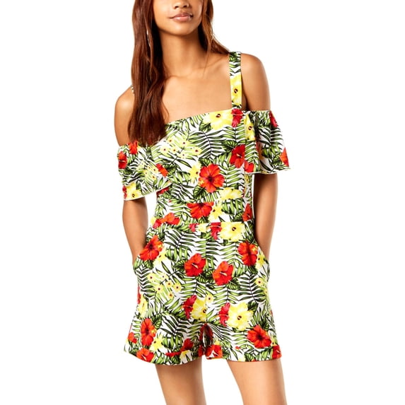XOXO Womens White Short Length Cold Shoulder Floral Spaghetti Strap Off Shoulder Party Romper Juniors Size: M