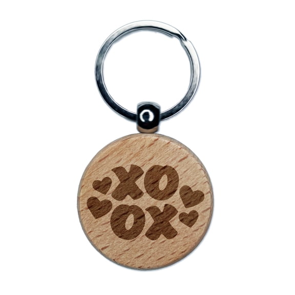 XOXO with Hearts and Love Round Keychain Charm Tag - Engraved Wood