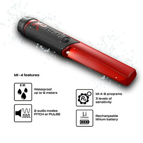 XP Metal Detectors MI-4 Pinpointer, Designed to be Used by All detectorists, 20 feet Waterproof, Rechargeable with 6 Programs and 3 Levels of Sensitivity (MI-4-AM)