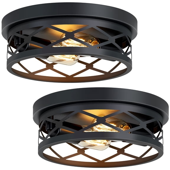 XPEHK 2 Pack 2-Light Matte Black Farmhouse Flush Mount Ceiling Light, Industrial Open Metal Cage Close to Ceiling Light Fixture for Entryway, Hallway, Bedroom